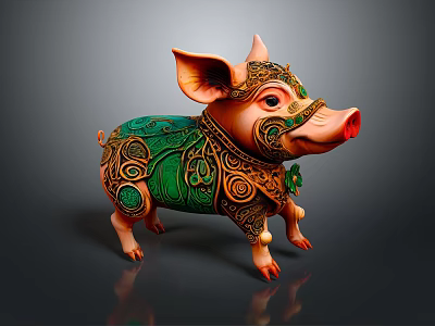 Ornate Pig Shaped Decorative Furniture Piece With Intricate Green And Brown Patterns 3d model