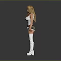 Woman in white tank top shorts and thigh-high boots with blonde hair on gray background