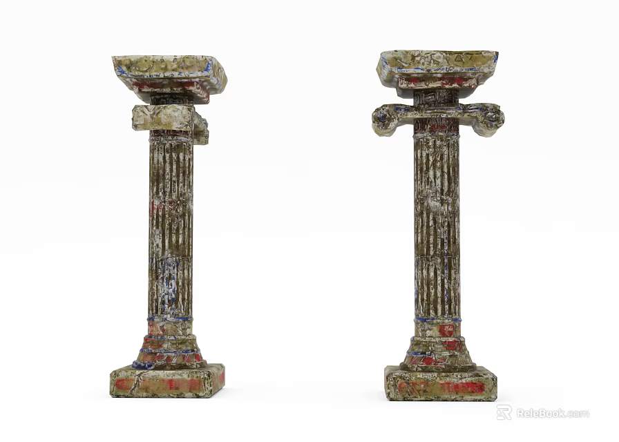 Two Vintage Style Roman Columns With Decorative Capitals And Textured Bases 3d model 