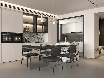 Modern Open Restaurant Kitchen With White Cabinets Marble Countertop Black Appliances Hanging Lights 3d model