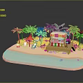 Cartoon Beach Scene With Palm Trees Wooden Platform Kiosk White Lounge Chairs And Blue Water