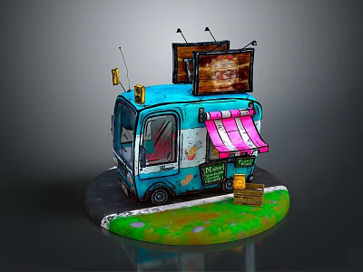 Food Truck with Blue Body Pink Awning and Top TV Screens for Food Selling 3d model