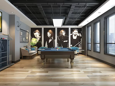 Modern Billiard Room Interior Featuring Pool Table Wall Art Sofa Seating And Wooden Flooring 3d model