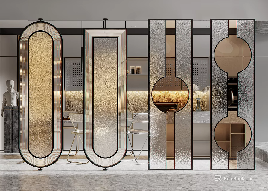 Modern Decorative Glass Partition With Metal Frame And Geometric Design For Interior Space 3d model 