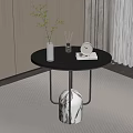 Modern Round Side Table With Black Top Metal Frame Marble Vase Green Plant And Clock