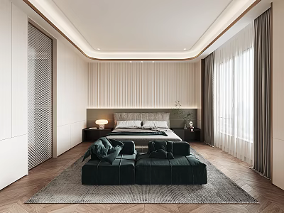 Modern Bedroom Interior Design With Wooden Slat Headboard Wall Dark Green Ottoman And Area Rug 3d model