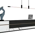 Modern Reception Desk With Marble Countertop Wooden Accent Sculpture Computer Monitor And Pendant Light