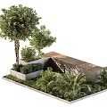 Shrub Garden Landscaping With Trees Plants Wooden Deck And Concrete Structure