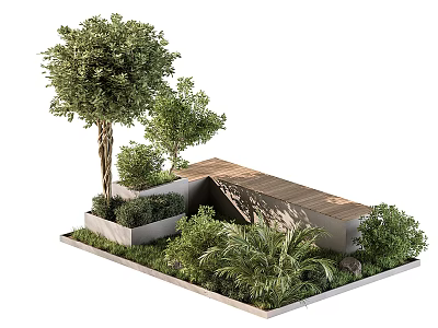 Shrub Garden Landscaping With Trees Plants Wooden Deck And Concrete Structure 3d model