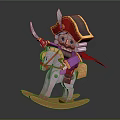 Pirate Doll Riding On Wooden Rocking Horse With Purple Cape And Sword