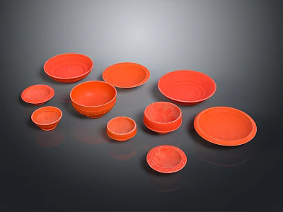 Red Kitchen Tableware Including Bowls And Plates In Various Sizes For Home Use 3d model
