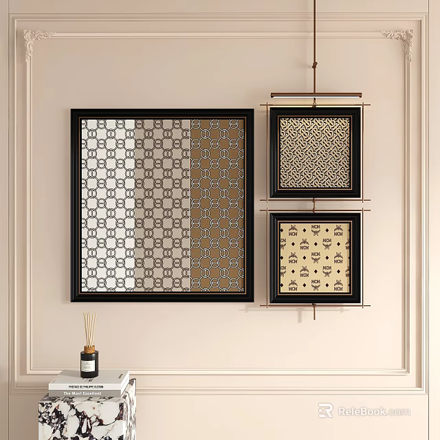 Abstract Paintings In Black Frames With Geometric Patterns On Light Colored Wall 3d model