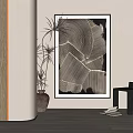 Contemporary Abstract Painting Display With Potted Plant And Wooden Floor
