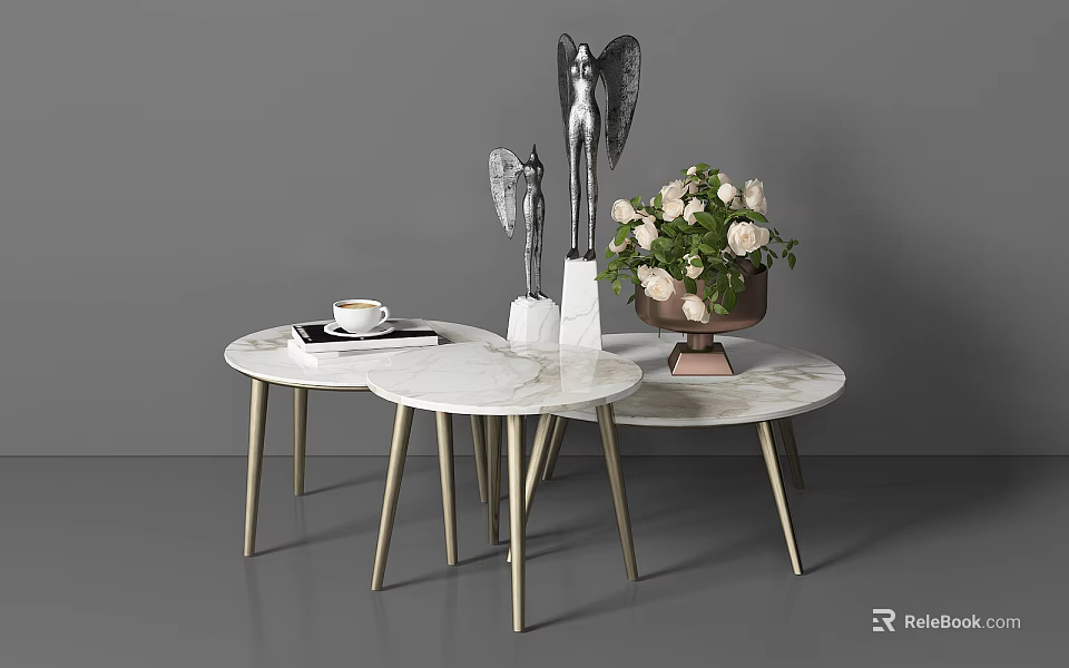 Modern Round Tables With Marble Top Gold Legs Books Coffee Cup And Flower Vase 3d model 