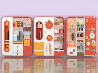 Red and White Kids Bookcases with Storage Shelves and Decorative Elements 3d model