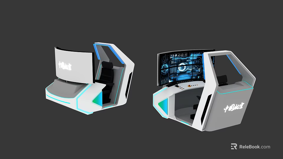 Industrial Control Consoles With Curved Screens Blue Lighting And Delta Branding 3d model 