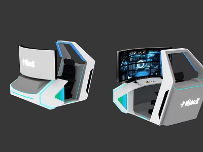 Industrial Control Consoles With Curved Screens Blue Lighting And Delta Branding 3d model