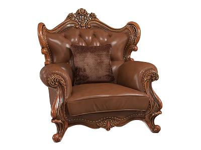 Classic Armchair with Ornate Wooden Carvings Brown Leather Upholstery and Decorative Pillow 3d model