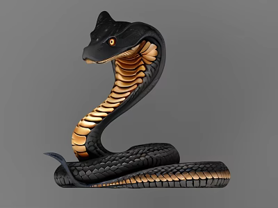 Reptile Hooded Cobra Snake Coiled with Black Body Golden Scales and Orange Eyes 3d model
