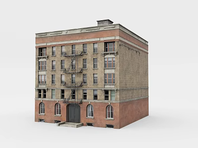 Vintage Multi Story Brick Building With Fire Escape And Arched Windows 3d model