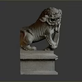 Traditional Stone Lion Statue With Intricate Carved Details On Decorative Pedestal