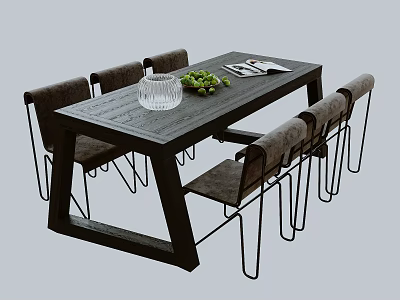 Modern Minimalist Dining Table Set With Wooden Top Upholstered Chairs Metal Legs And Glass Vase 3d model