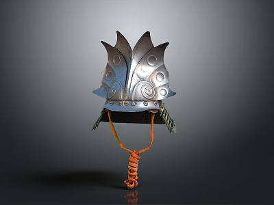 Ancient Warrior Helmet As Traditional Weapon With Metallic Leaf Patterns And Orange Cord 3d model