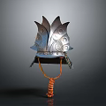 Ancient Warrior Helmet As Traditional Weapon With Metallic Leaf Patterns And Orange Cord
