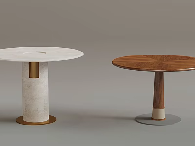 Modern Round Dining Tables With White Stone Tabletop And Wooden Tabletop Cylindrical Bases 3d model