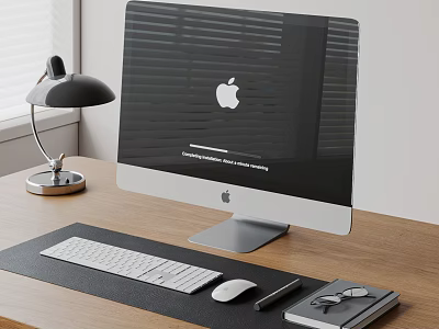Apple iMac Desktop Computer Setup With Keyboard Mouse And Wooden Desk Accessories 3d model
