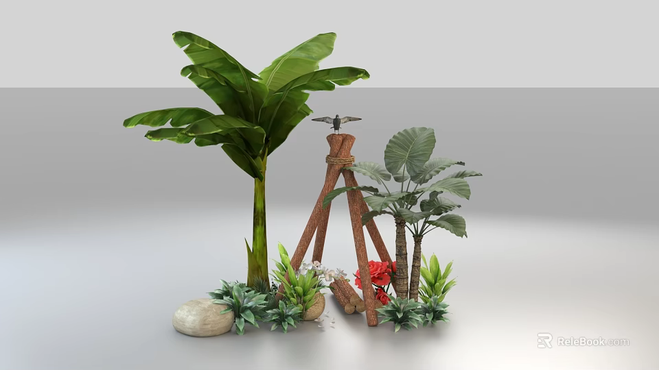 Garden Decor with Large Banana Leaves Wooden Tripod Small Palm Trees Red Flowers Green Plants 3d model 