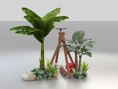 Garden Decor with Large Banana Leaves Wooden Tripod Small Palm Trees Red Flowers Green Plants 3d model