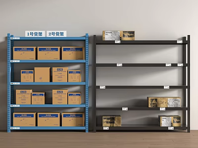 Blue and Black Storage Racks with Labeled Cardboard Boxes Against Gray Wall and Wooden Floor 3d model