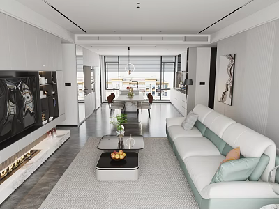 Modern Living Dining Room Interior with Open Layout White Sofa Dining Table and Natural Light 3d model