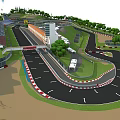 Scenic Curved Karting Track Featuring Green Trees Colorful Flags Fences And Yellow Sign