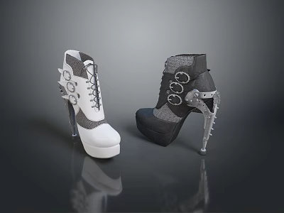 Fashionable White and Black High Heels with Metal Rings and Mechanical Heels Unique Design 3d model