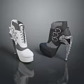 Fashionable White and Black High Heels with Metal Rings and Mechanical Heels Unique Design