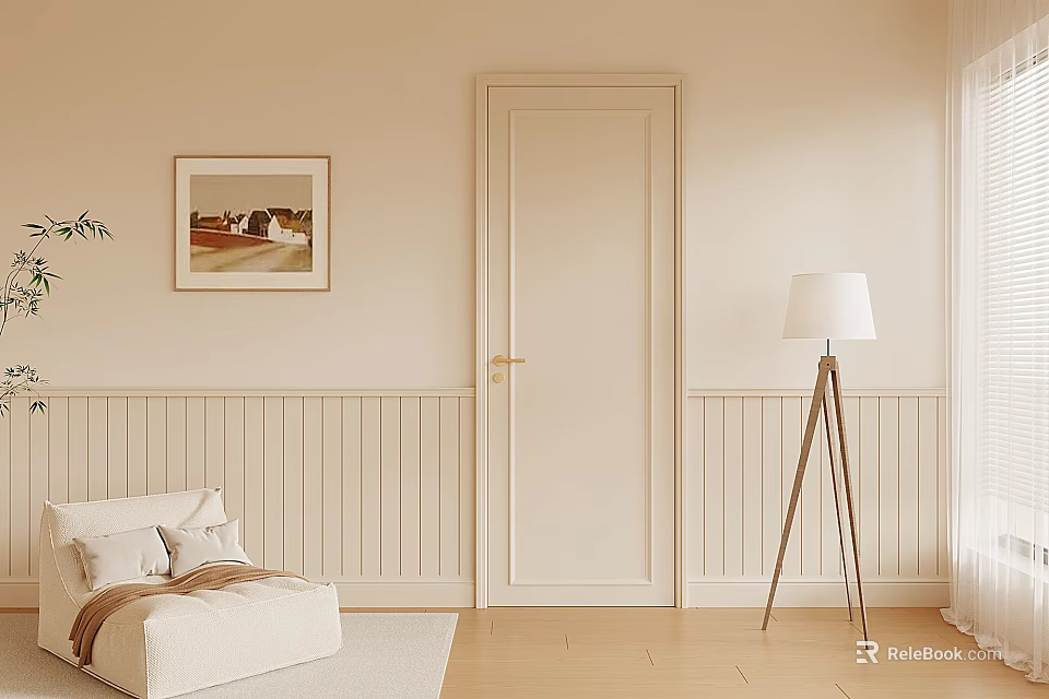 Minimalist Interior Featuring Beige Wall Wooden Floor Sofa Bench And White Shade Tripod Floor Lamp 3d model 