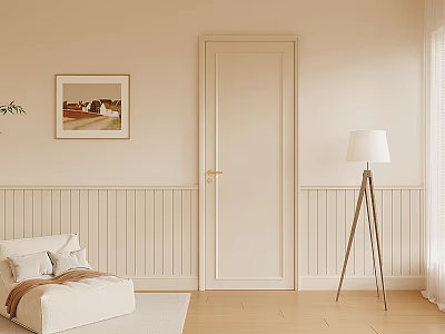 Minimalist Interior Featuring Beige Wall Wooden Floor Sofa Bench And White Shade Tripod Floor Lamp 3d model