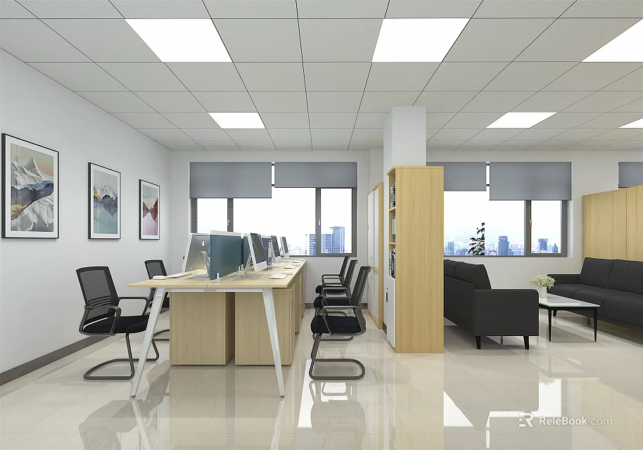 Public Office Space Interior Design With Open Layout Desks Computers Sofa And Wall Art 3d model 