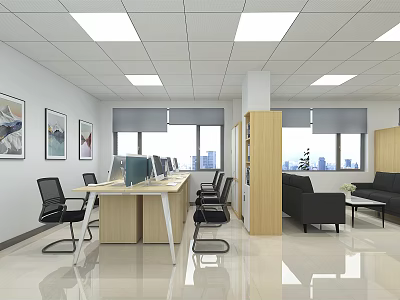 Public Office Space Interior Design With Open Layout Desks Computers Sofa And Wall Art 3d model
