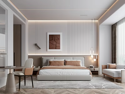 Modern Hotel Room Interior With King Bed Decorative Painting Pendant Lights And Area Rug 3d model