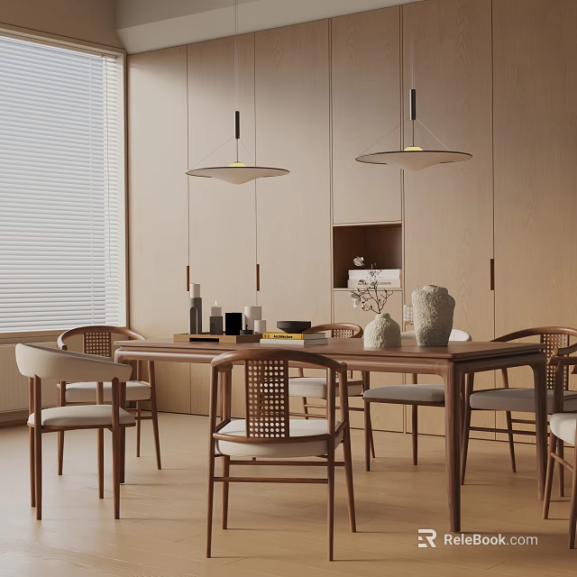 Modern Wooden Dining Table Set With Pendant Lights And Decorative Vase In Minimalist Dining Room 3d model 