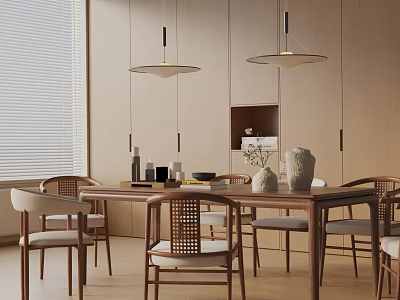 Modern Wooden Dining Table Set With Pendant Lights And Decorative Vase In Minimalist Dining Room 3d model