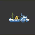 Blue And White Toy Boat Models With Tower Structures And Yellow Parts On Blue Platforms