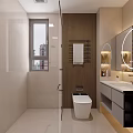 Modern Bright Bathroom Interior Design With Smart Toilet Floating Vanity And Round LED Mirror