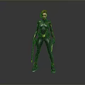 Woman With Red Hair In Black Tight Combat Suit Holding Weapons Standing Upright