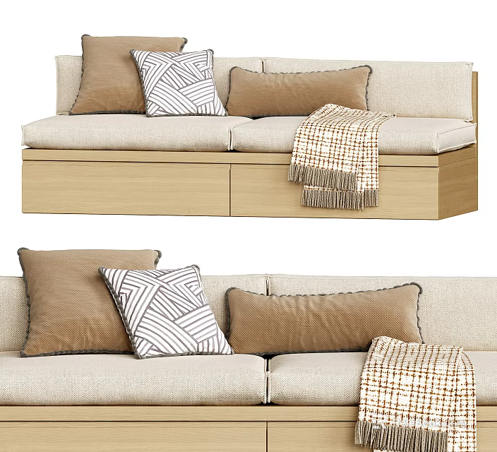 Sectional Sofa With Beige Upholstery Decorative Pillows Knitted Throw And Wooden Base 3d model 