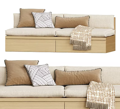 Sectional Sofa With Beige Upholstery Decorative Pillows Knitted Throw And Wooden Base 3d model