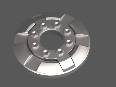 Silver Metal Circular Mechanical Part With Central Hole And Bolt Holes Radial Groove Design 3d model